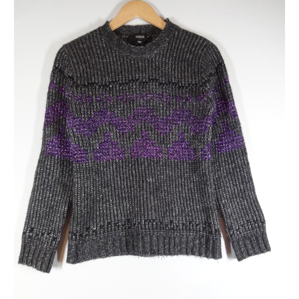 VTG Versus Versace Pullover Sweater Women S Gray Purple Metallic Italian Knit